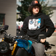 Load image into Gallery viewer, DO WHEELIES, Blue Yammie Noob Heavy Industries Black Hoodie