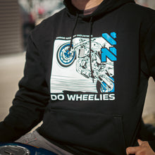 Load image into Gallery viewer, DO WHEELIES, Blue Yammie Noob Heavy Industries Black Hoodie