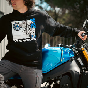 DO WHEELIES, Blue Yammie Noob Heavy Industries Black Hoodie