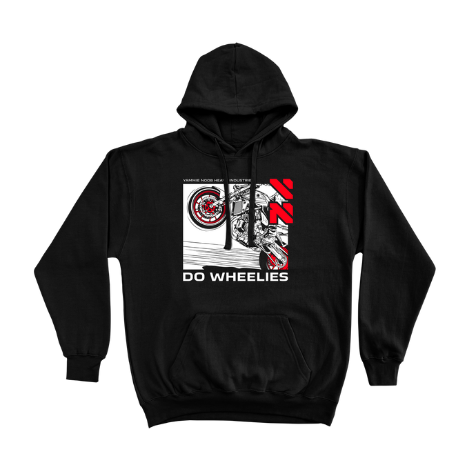 DO WHEELIES, Red Yammie Noob Heavy Industries Black Hoodie