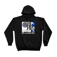 Load image into Gallery viewer, DO WHEELIES, Blue Yammie Noob Heavy Industries Black Hoodie