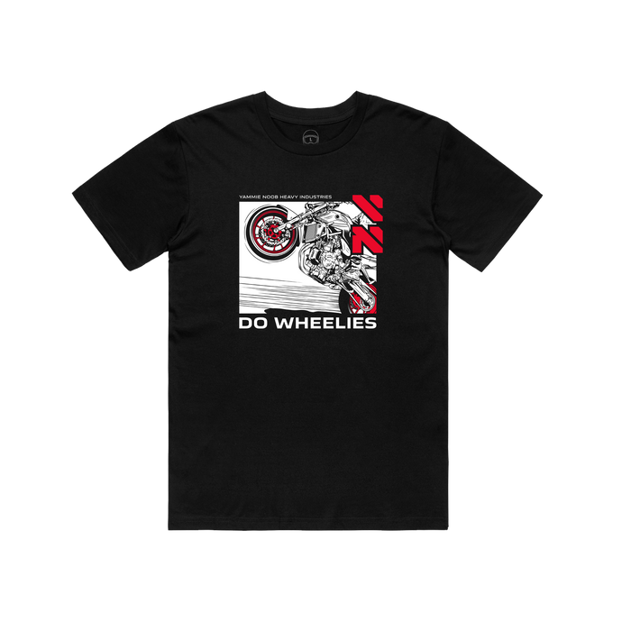 DO WHEELIES, Red Yammie Noob Heavy Industries Black Tee