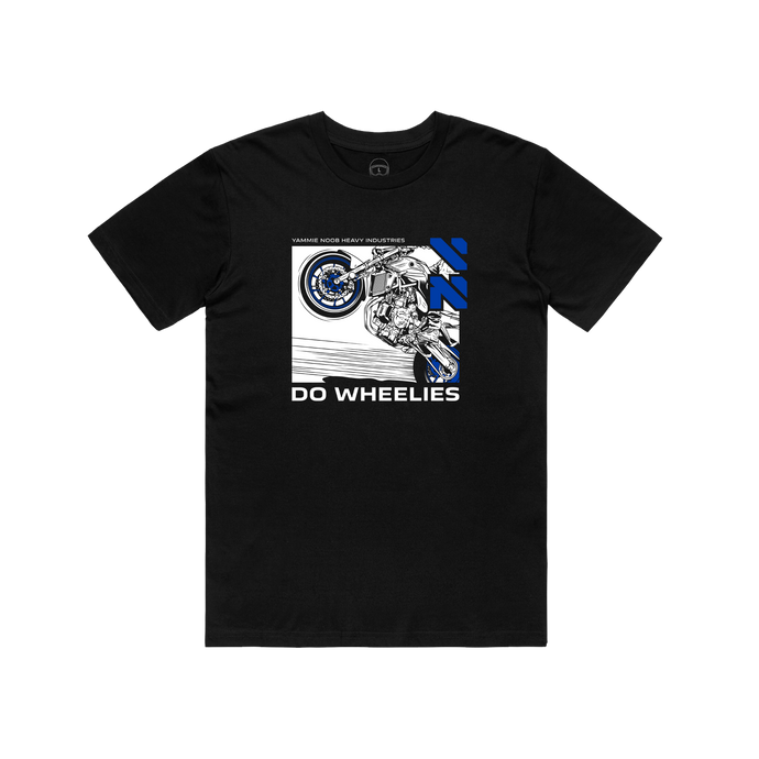 DO WHEELIES, Blue Yammie Noob Heavy Industries Black Tee