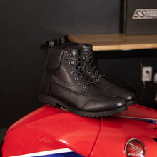 Load image into Gallery viewer, Speed and Strength - Call To Arms (CTA) 2.0 Leather Boots Black on a motorcycle