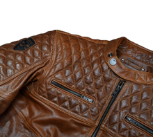 Load image into Gallery viewer, 4SR Scrambler Cognac Motorcycle Jacket Close up View