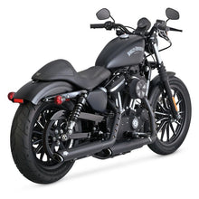 Load image into Gallery viewer, Vance &amp; Hines 3 Round Twin Slash Slip-On Mufflers for Harley Sportster (2014-2022) Black Finish 3/4 view