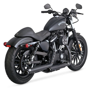 Vance & Hines 3 Round Twin Slash Slip-On Mufflers for Harley Sportster (2014-2022) Black Finish 3/4 view
