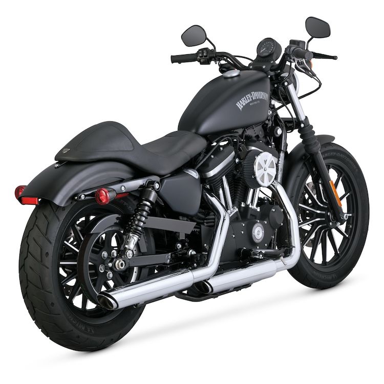 Vance & Hines 3 Round Twin Slash Slip-On Mufflers for Harley Sportster (2014-2022) Chrome Finish 3/4 view