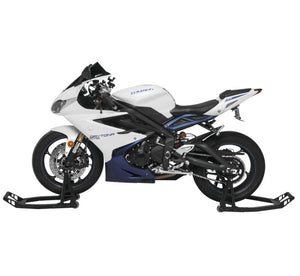 BikeMaster Universal Aluminum Stand in Black with the Front and Back on the stand