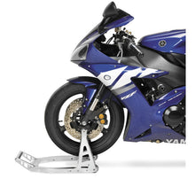 Load image into Gallery viewer, BikeMaster Universal Aluminum Stand Polished Front on the stand